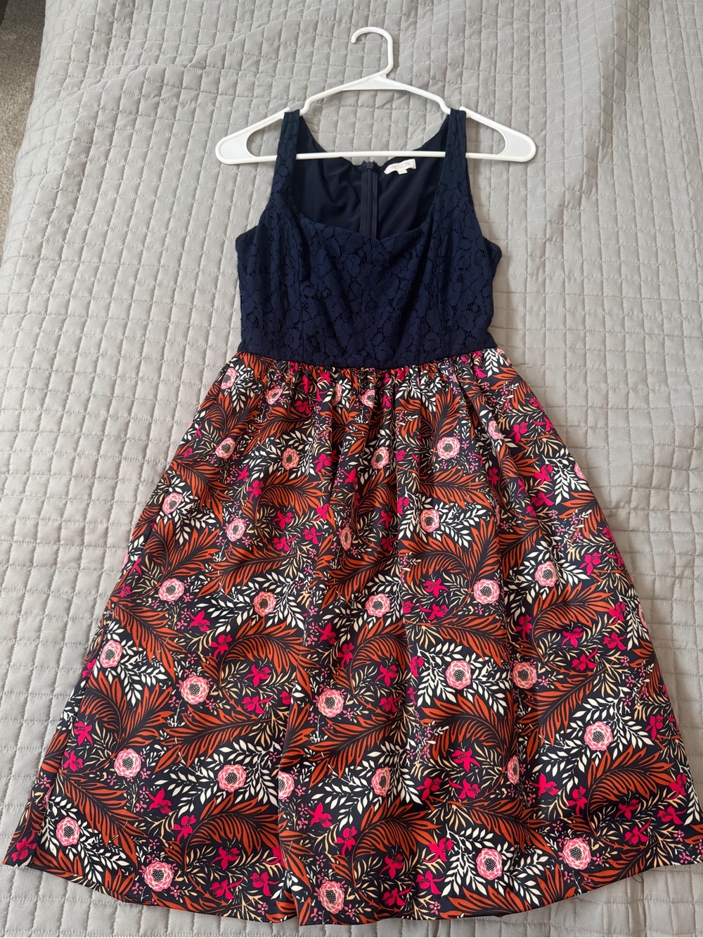 Anthropologie Navy Lace Bodice Multicolor Floral Skirt Dress with Pockets
